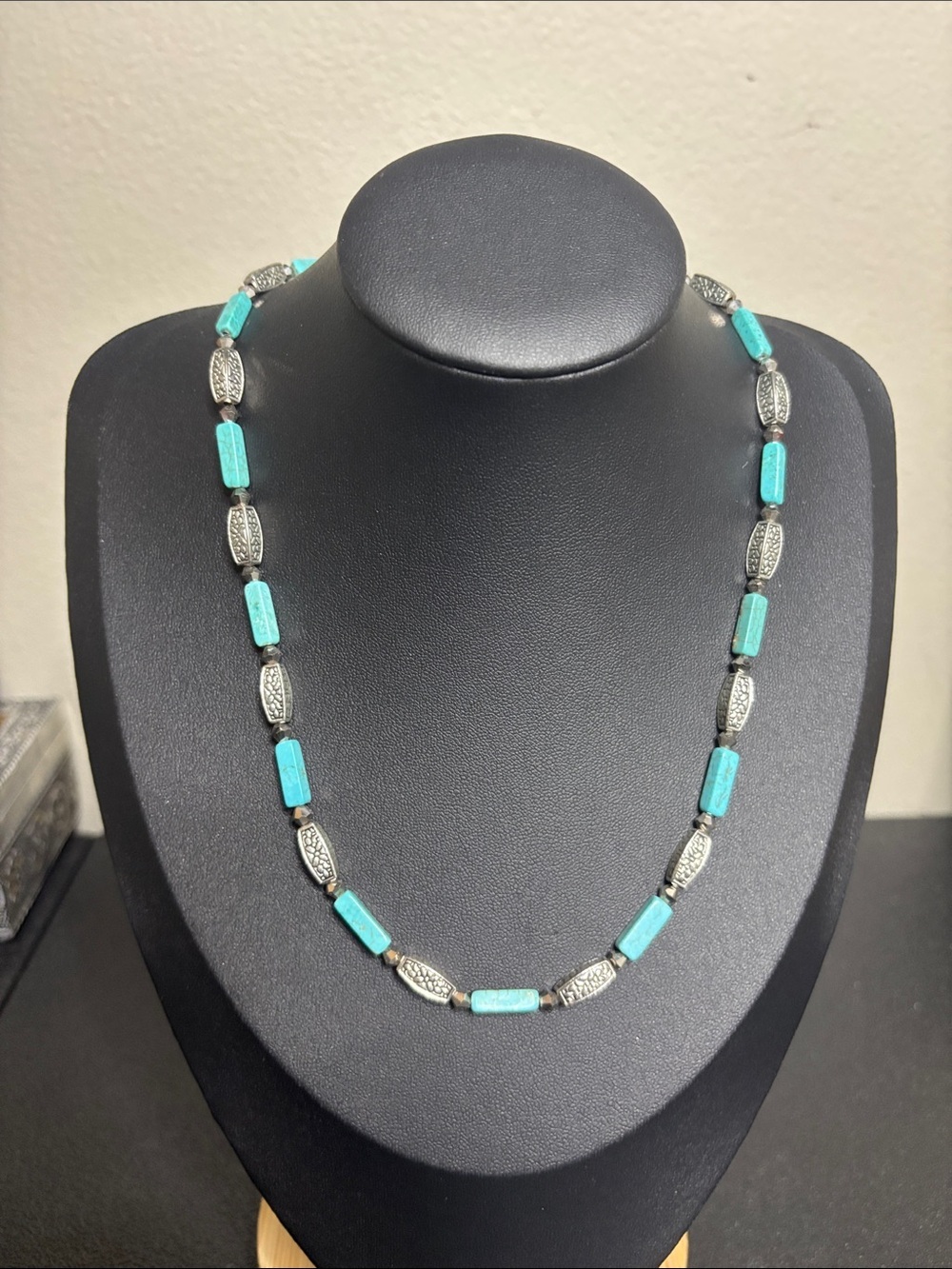 Dainty Turquoise Bar Bead Necklace with Silver Accents Boho Western Jewelry